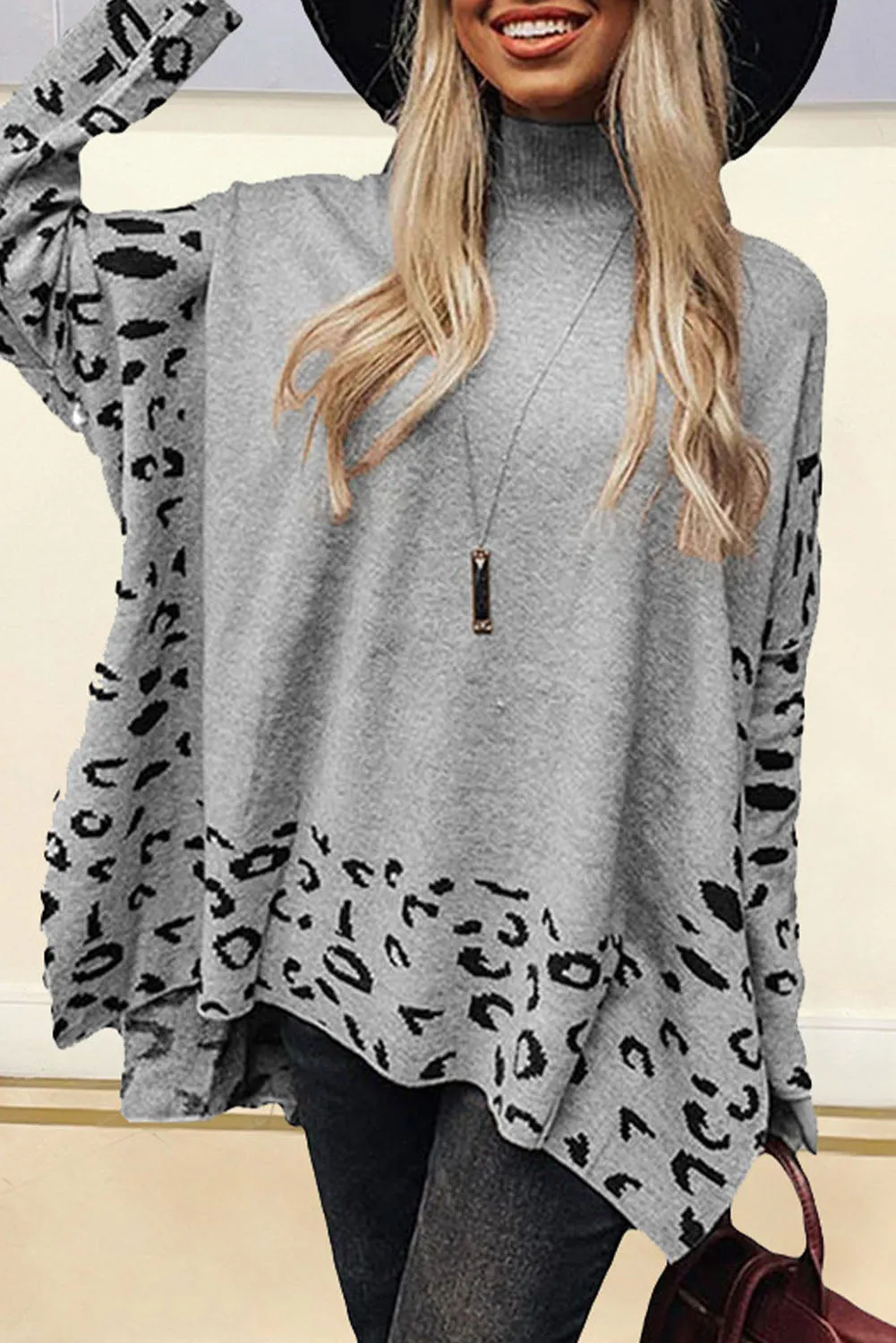 Grey Leopard High Neck Side Slit Oversized Sweater sold by Beagle Boutique
