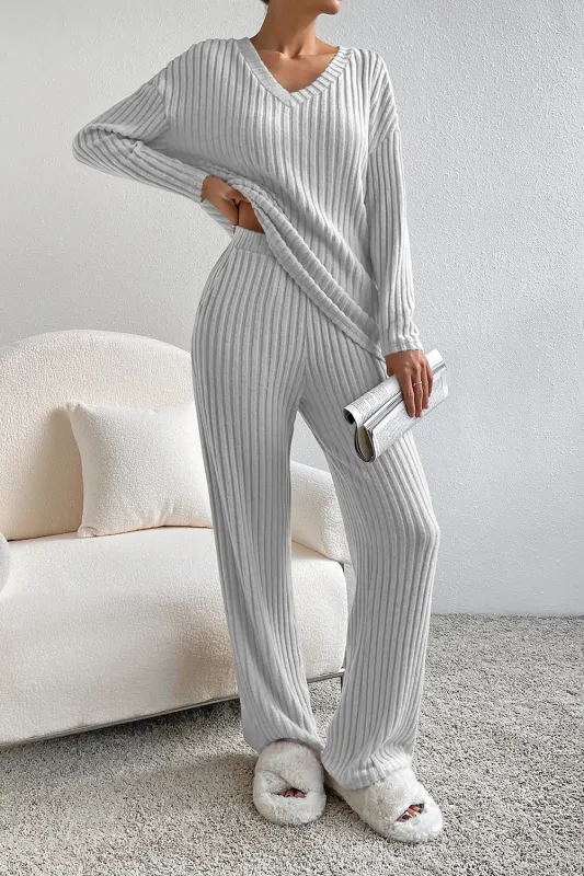 Rib Knit V Neck Slouchy Two-piece Outfit sold by Beagle Boutique