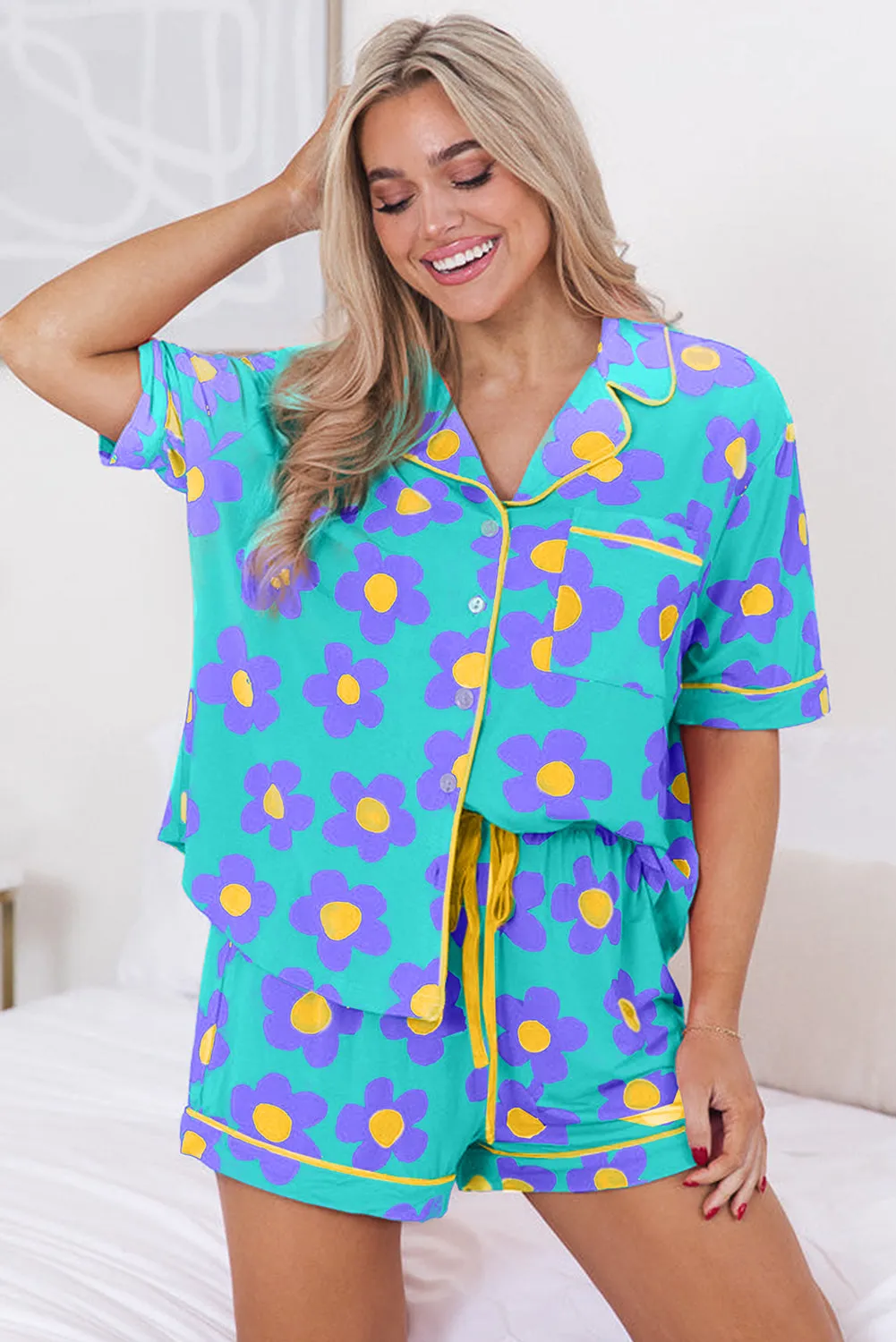 Green Flower Print Short Sleeve Shirt Pyjamas Set sold by Beagle Boutique product image thumbnail 2