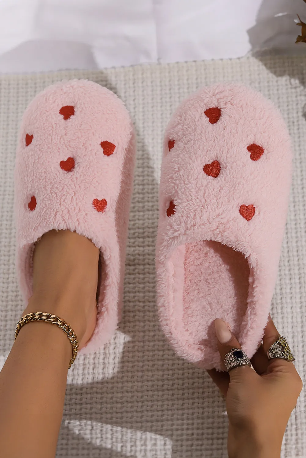 Pink Heart Shape Embroidered Slip On Plush Slippers sold by Beagle Boutique