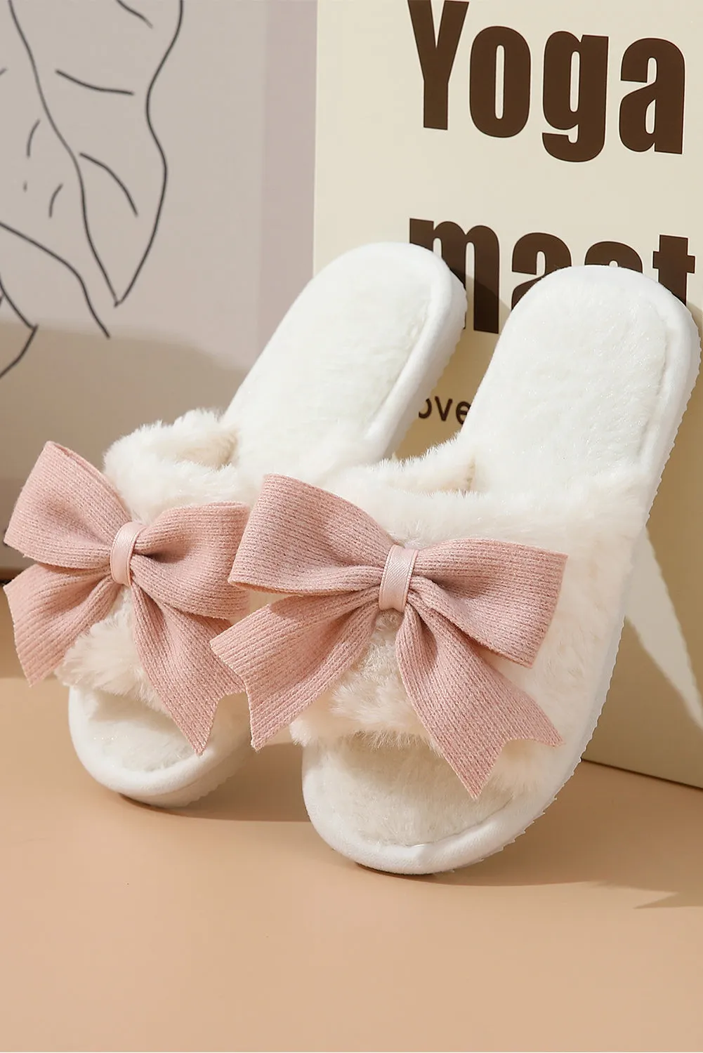 White Bow Knot Decor Open Toe Plush Slippers sold by Beagle Boutique