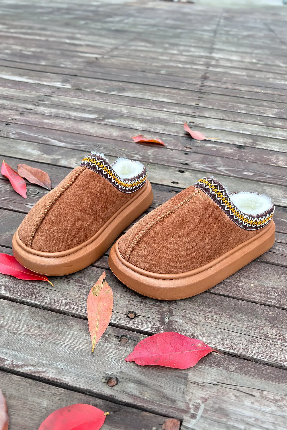 Chestnut Contrast Edge Suede Plush Lined Thick Sole Winter Slippers sold by Beagle Boutique