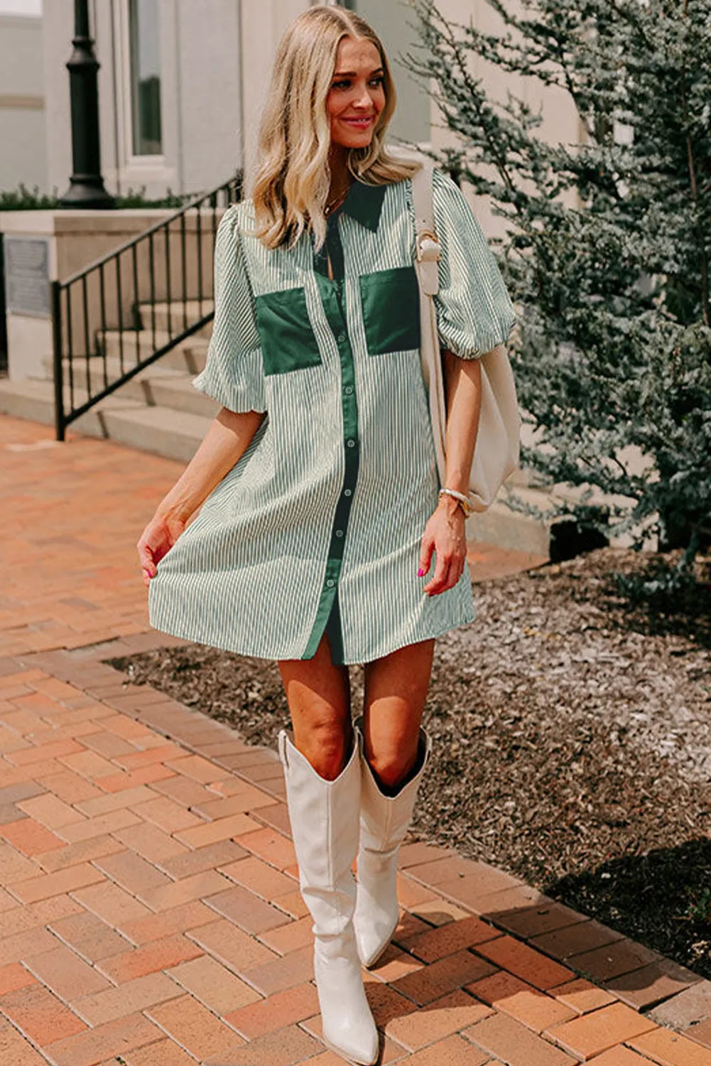 Green Patch Pockets Button Down Short Puff Sleeve Dress sold by Beagle Boutique product image thumbnail 4