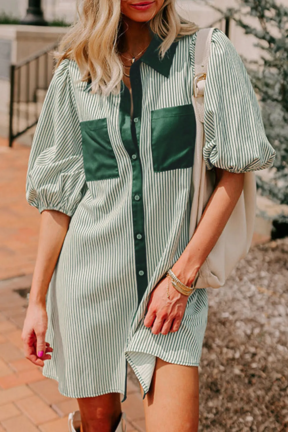 Green Patch Pockets Button Down Short Puff Sleeve Dress sold by Beagle Boutique