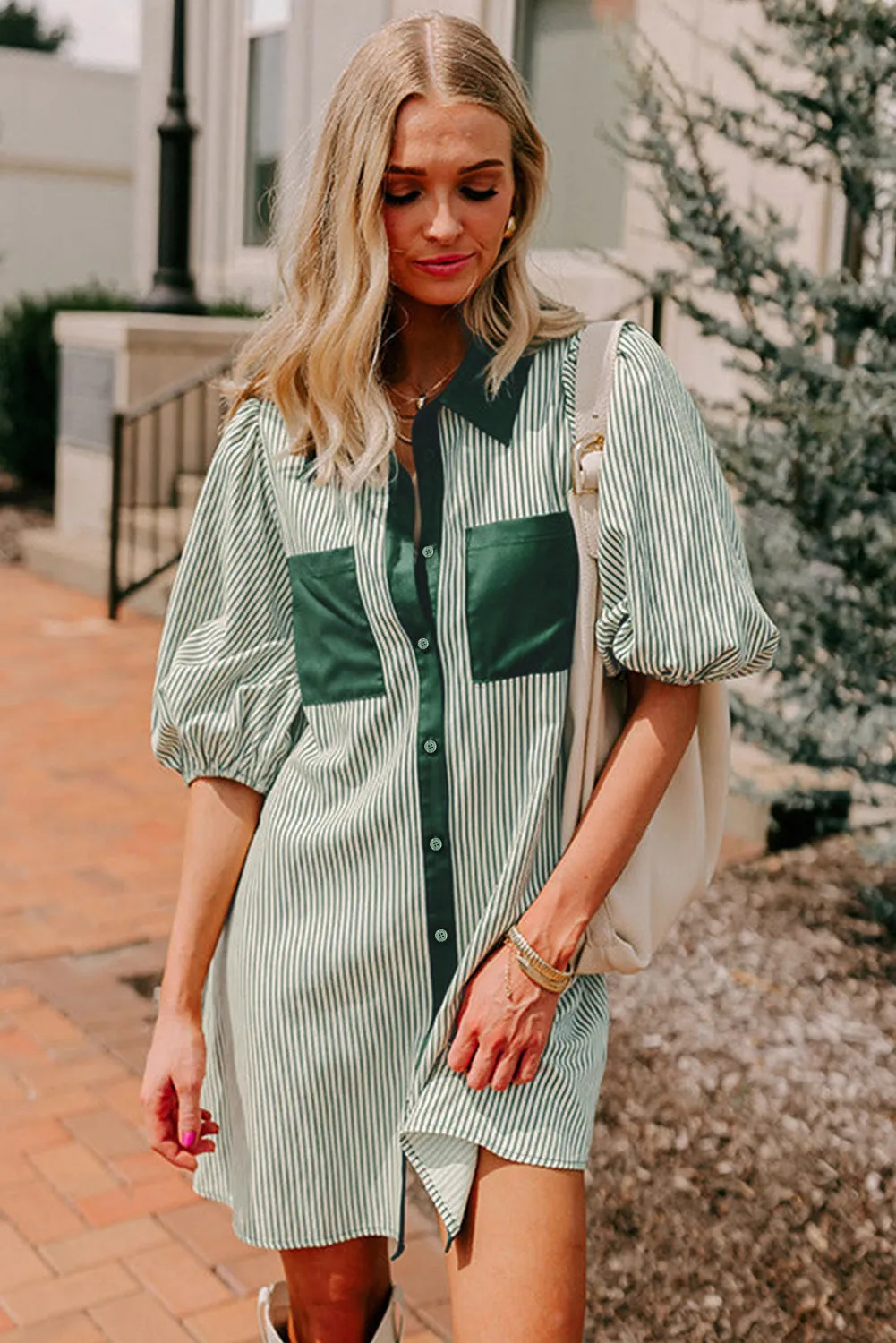 Green Patch Pockets Button Down Short Puff Sleeve Dress sold by Beagle Boutique product image thumbnail 5