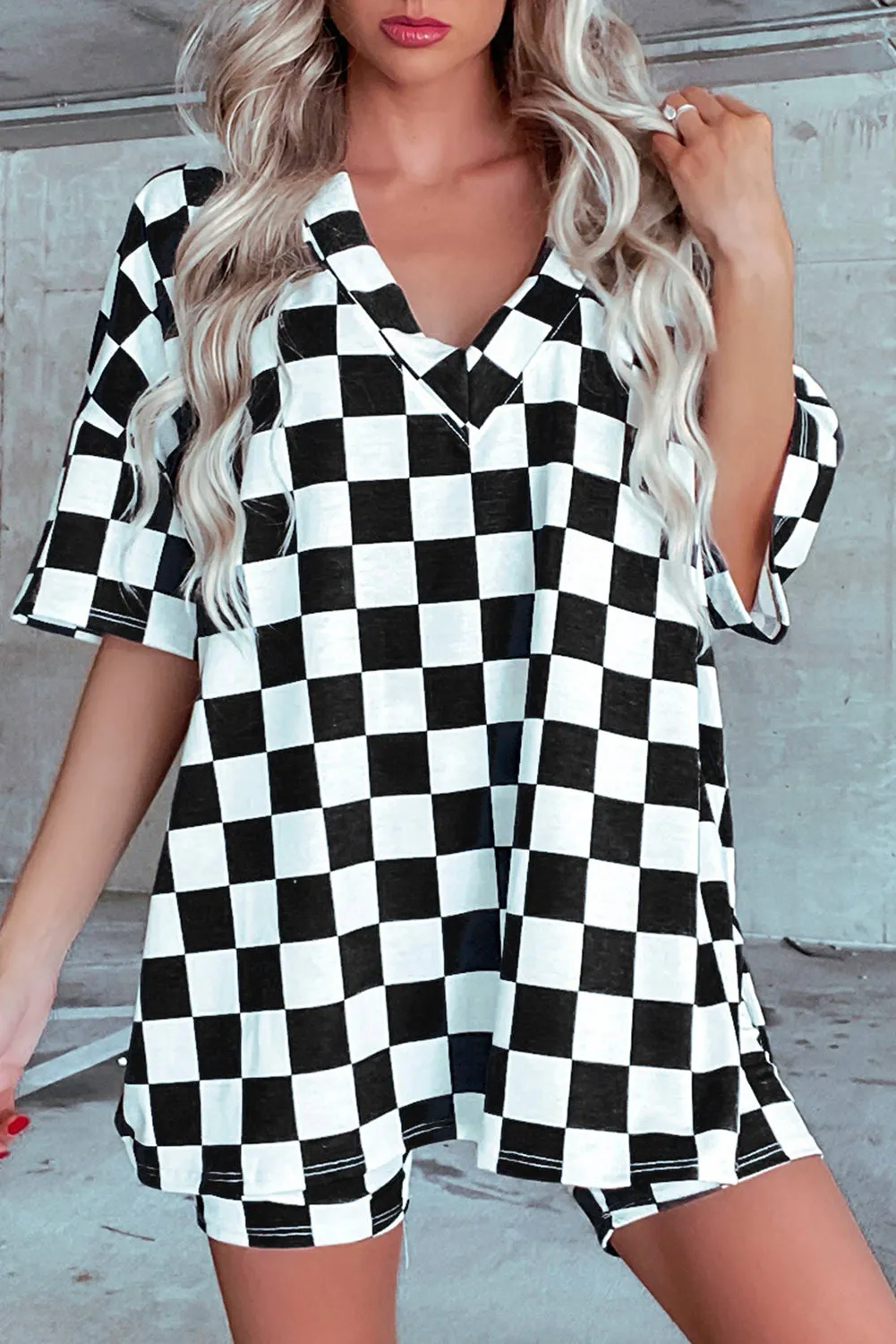 Checkerboard Print V Neck Loose Tee and Shorts Lounge Set sold by Beagle Boutique