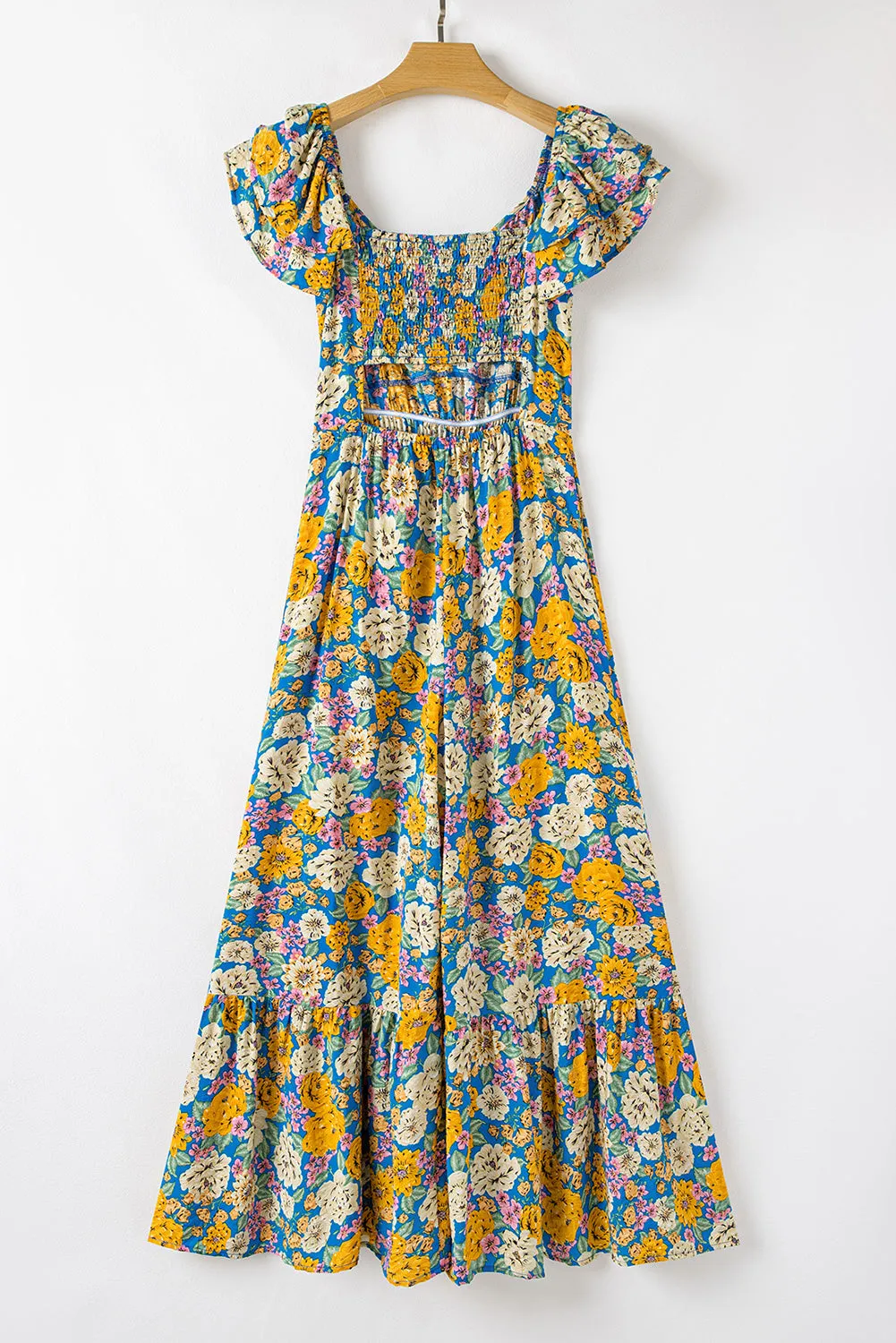 Yellow Floral Allover Print Shirred Cut Out High Waist Jumpsuit sold by Beagle Boutique product image thumbnail 5