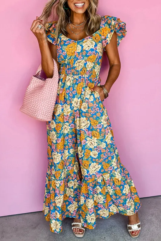 Yellow Floral Allover Print Shirred Cut Out High Waist Jumpsuit sold by Beagle Boutique