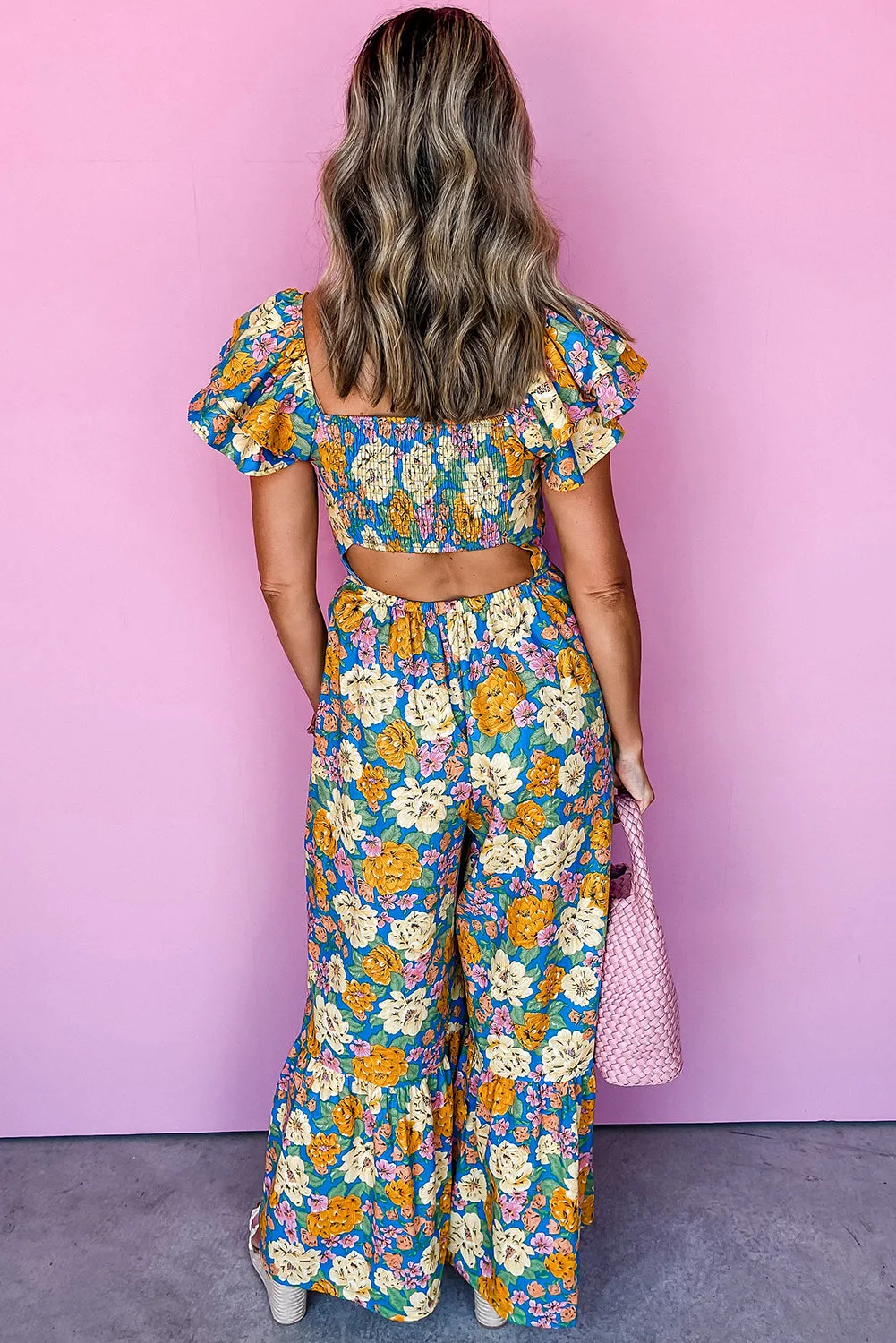 Yellow Floral Allover Print Shirred Cut Out High Waist Jumpsuit sold by Beagle Boutique product image thumbnail 2