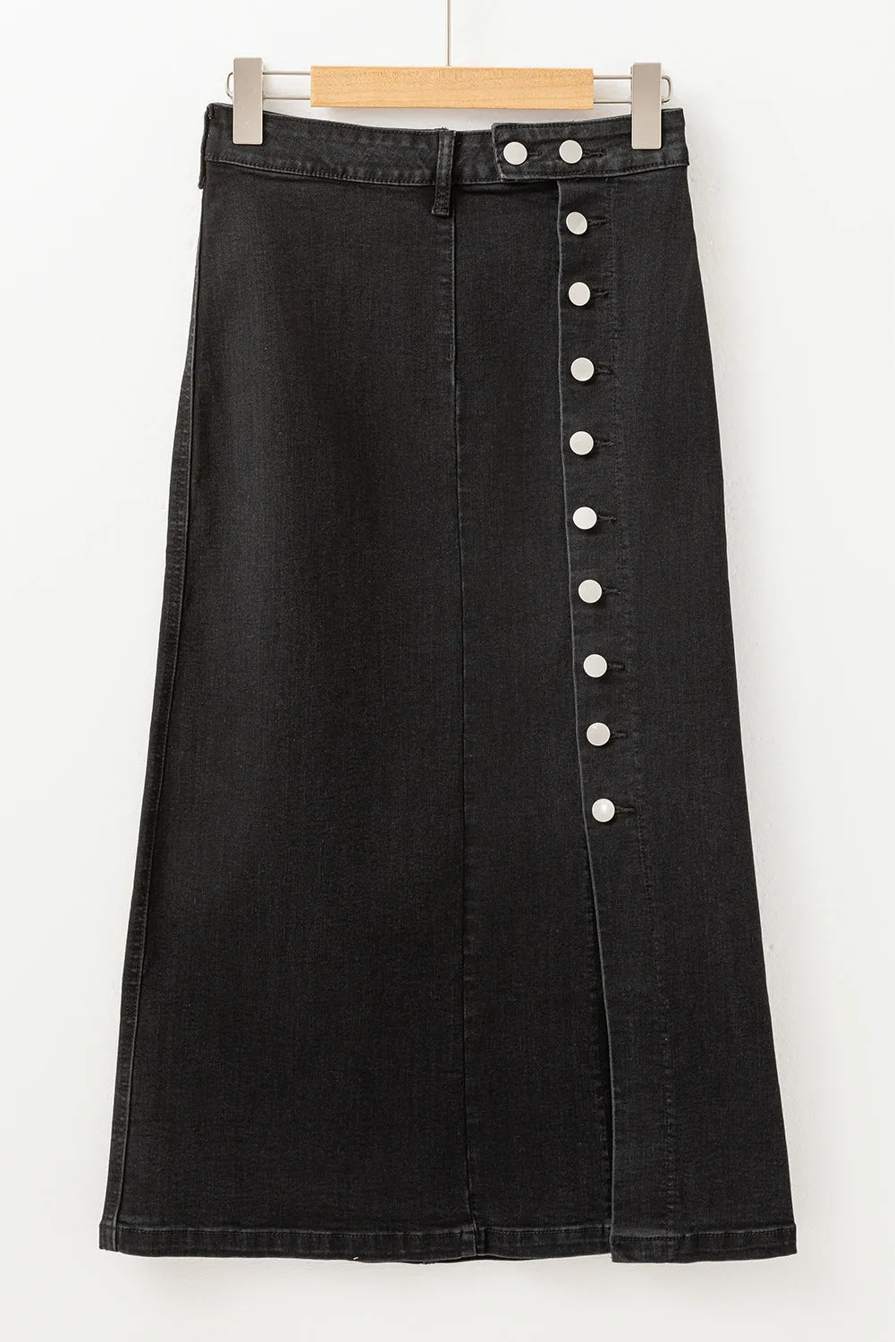Black Button Fly Side Split High Waist Denim Midi Skirt sold by Beagle Boutique product image thumbnail 4