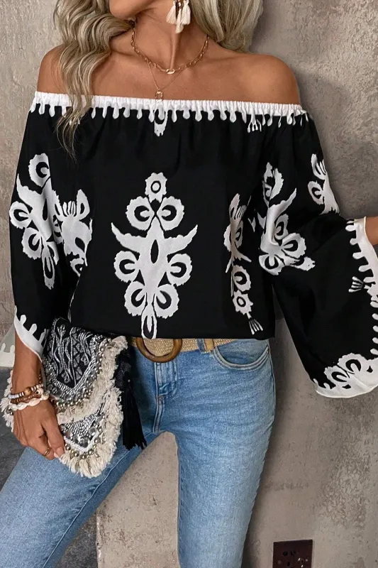 Black Tribal Printed Off Shoulder Loose Sleeve Blouse sold by Beagle Boutique