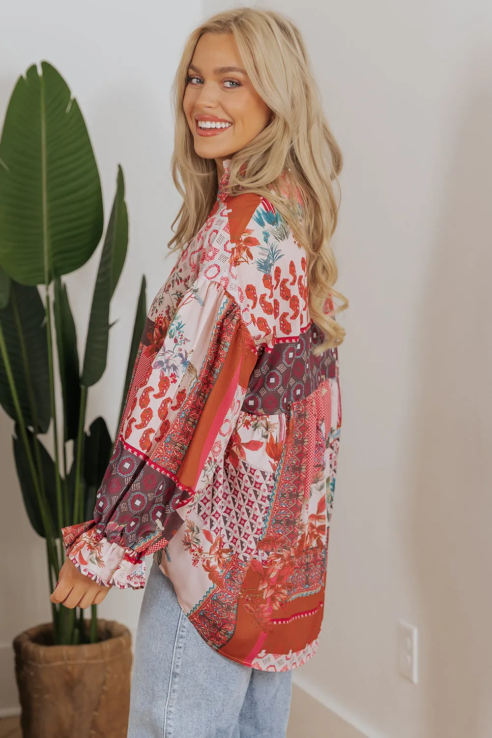 Red Boho Geometric Mixed Print Patchwork Bubble Sleeve Shirt sold by Beagle Boutique product image thumbnail 3