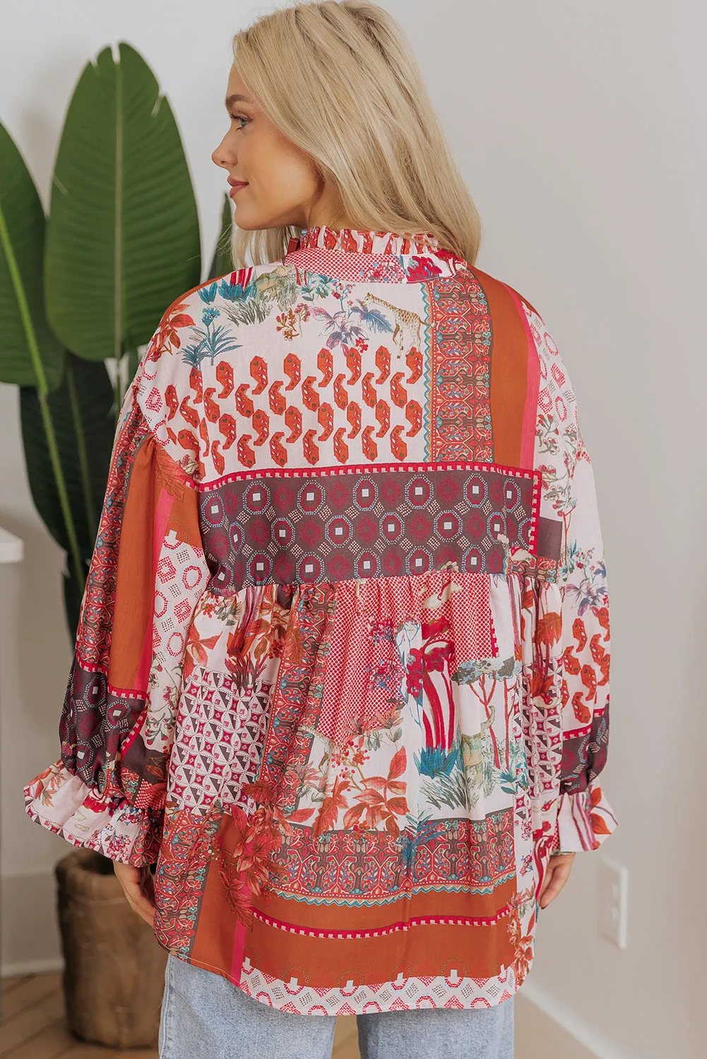 Red Boho Geometric Mixed Print Patchwork Bubble Sleeve Shirt sold by Beagle Boutique product image thumbnail 2