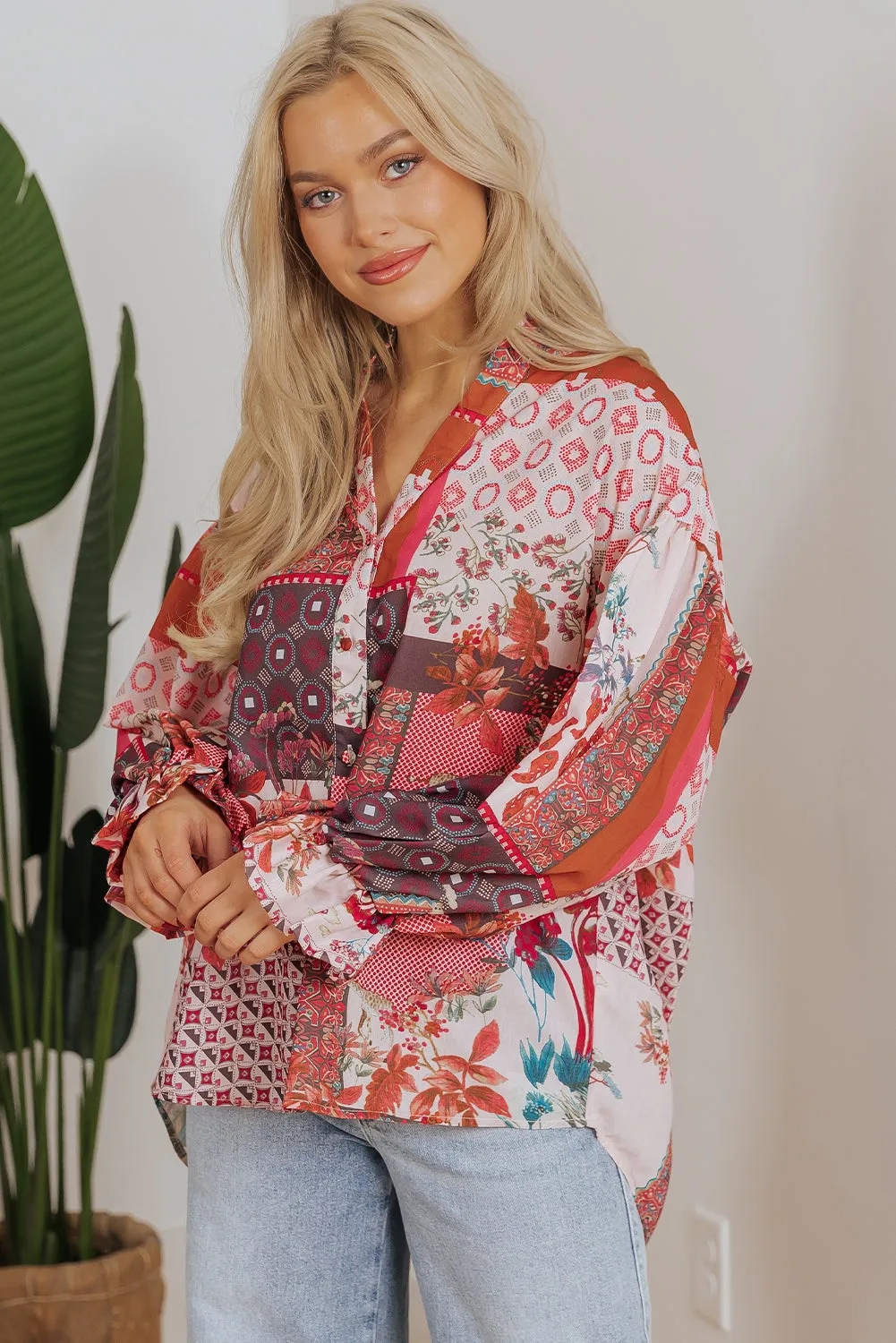 Red Boho Geometric Mixed Print Patchwork Bubble Sleeve Shirt sold by Beagle Boutique product image thumbnail 5