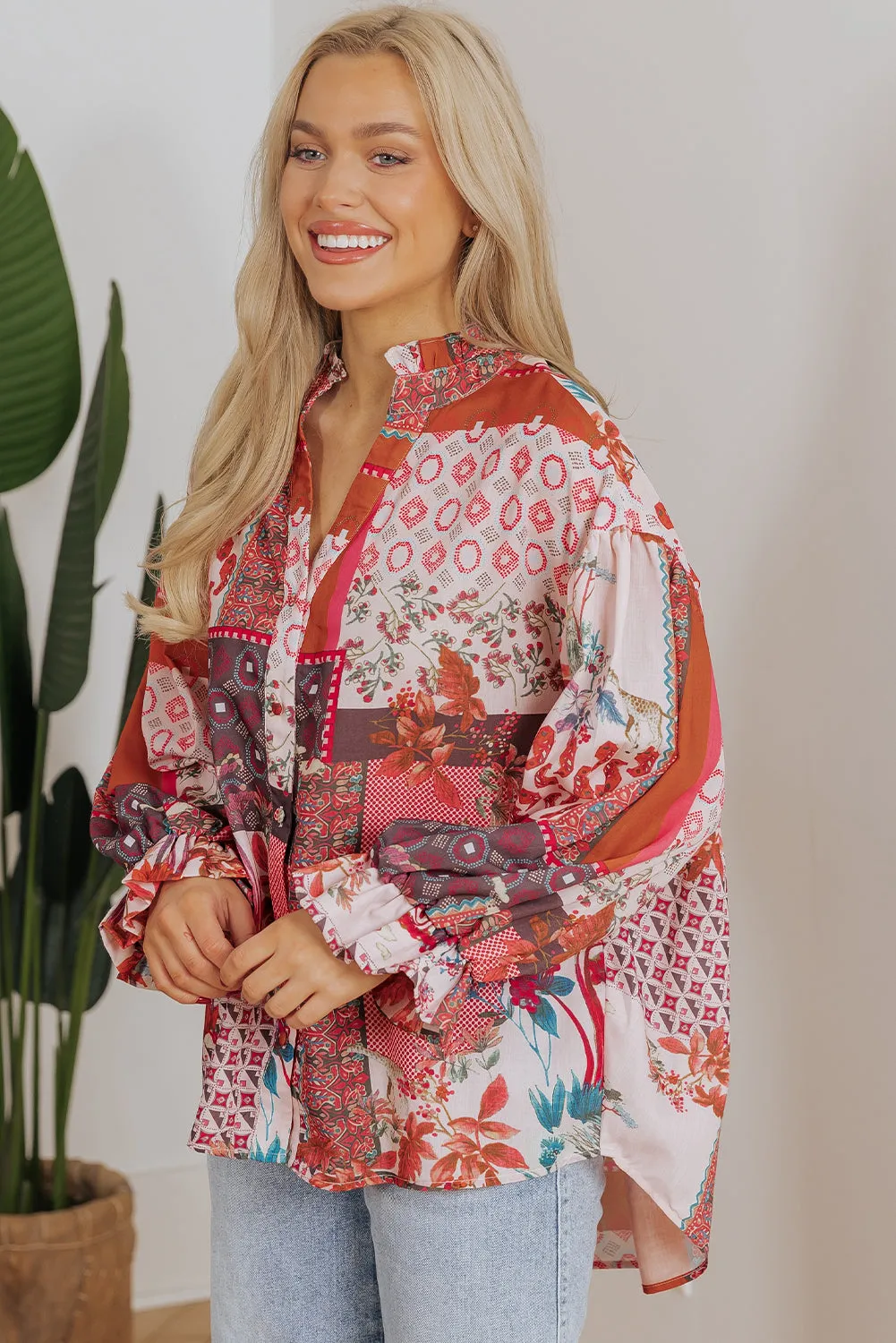 Red Boho Geometric Mixed Print Patchwork Bubble Sleeve Shirt sold by Beagle Boutique product image thumbnail 4
