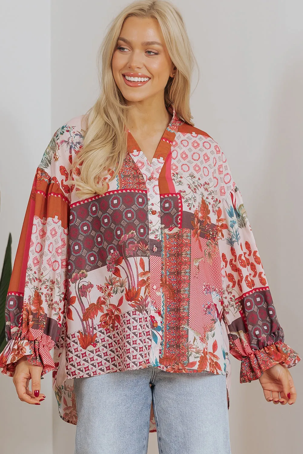 Red Boho Geometric Mixed Print Patchwork Bubble Sleeve Shirt sold by Beagle Boutique