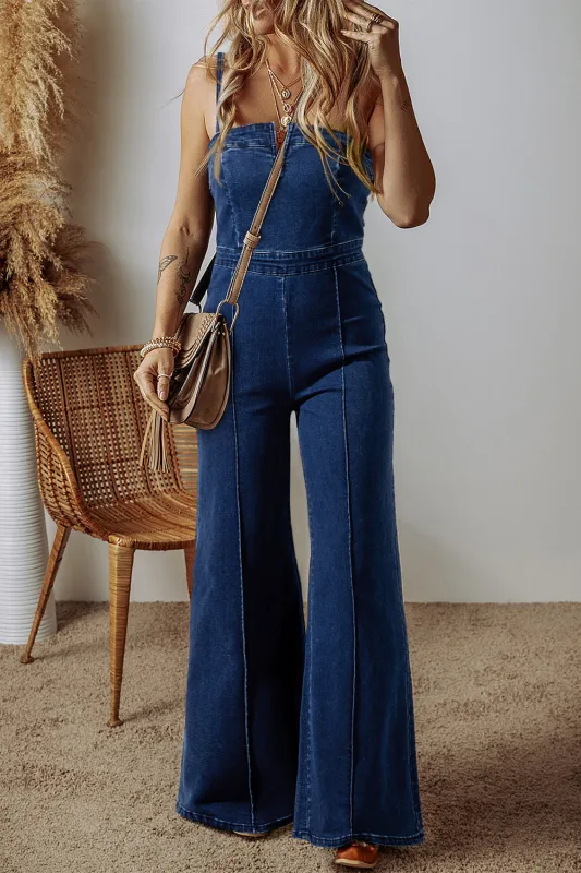 Sail Blue Seamed Zipper Spaghetti Strap High Waist Flared Jumpsuit sold by Beagle Boutique