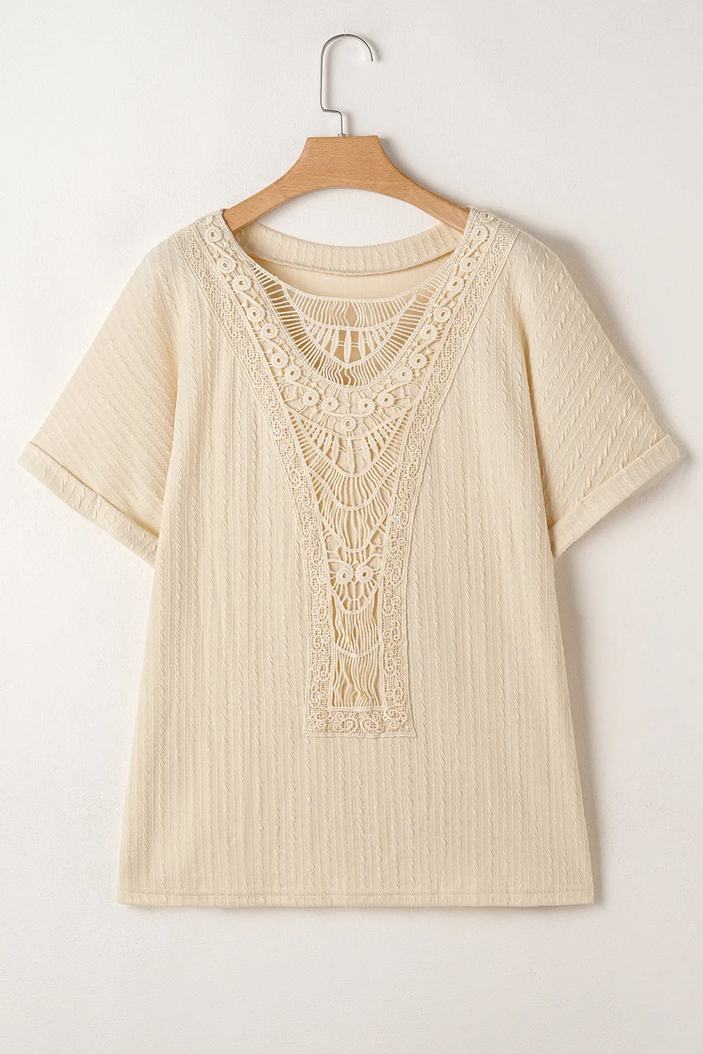 Beige Lace Crochet Patched Cable Textured Cuffed Short Sleeve Plus Size Top sold by Beagle Boutique product image thumbnail 4