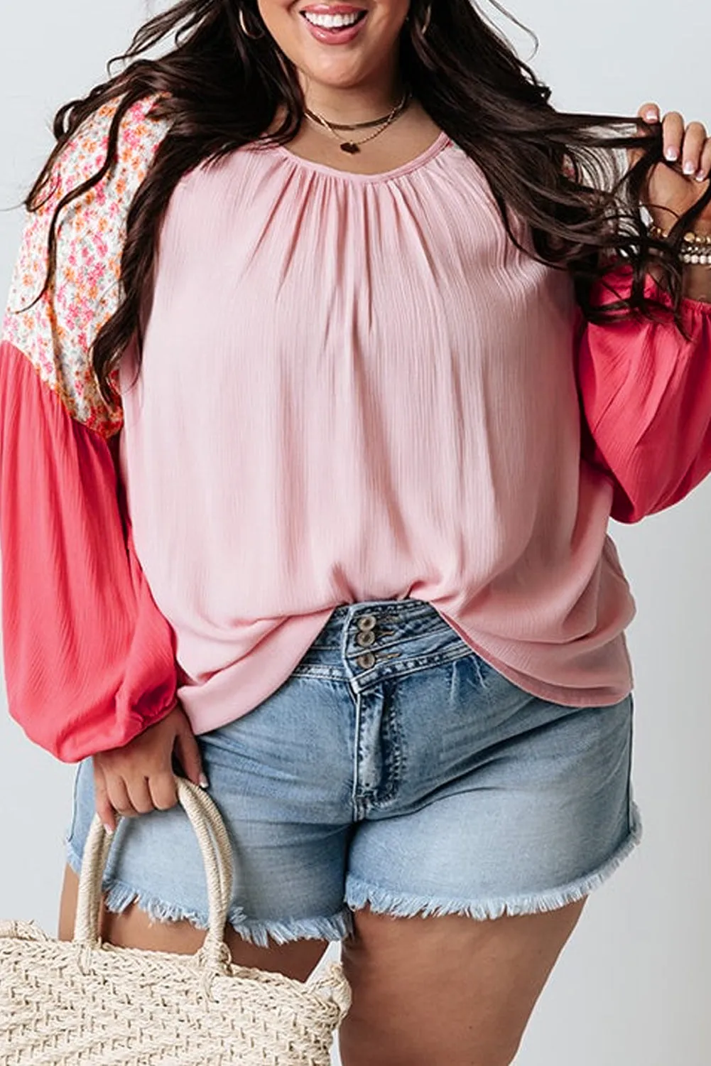 Pink Contrast Floral Patchwork Long Sleeve Plus Size Blouse sold by Beagle Boutique