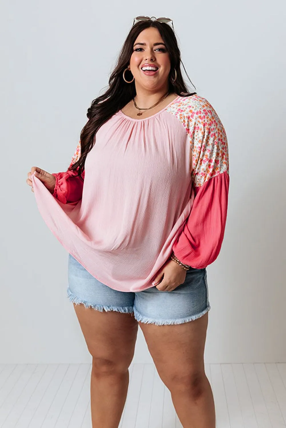 Pink Contrast Floral Patchwork Long Sleeve Plus Size Blouse sold by Beagle Boutique product image thumbnail 3