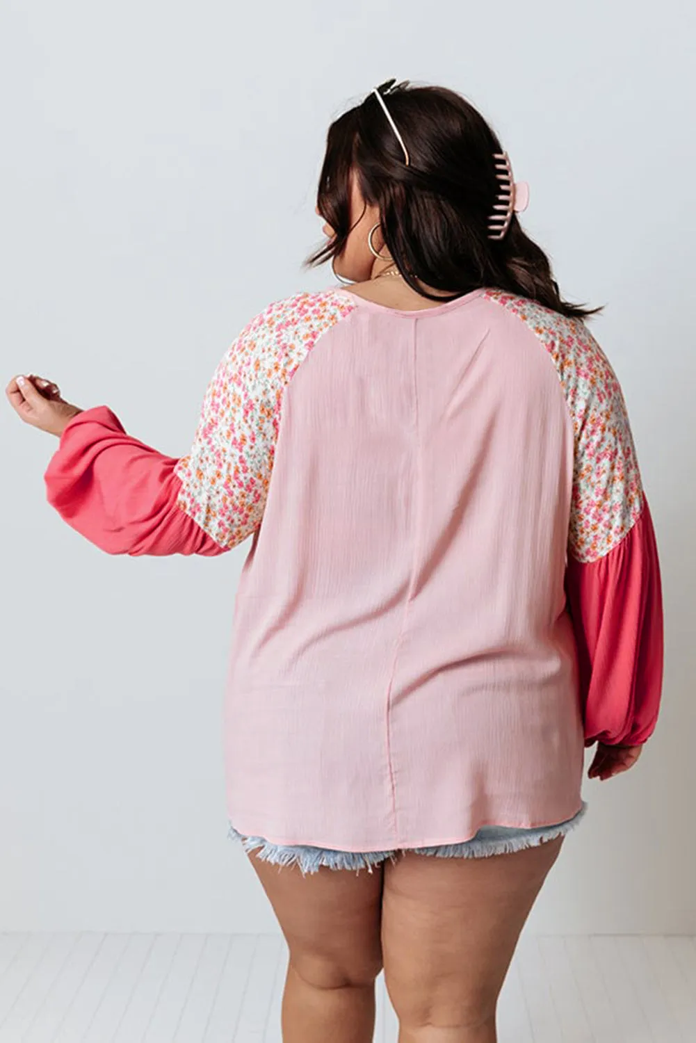 Pink Contrast Floral Patchwork Long Sleeve Plus Size Blouse sold by Beagle Boutique product image thumbnail 2
