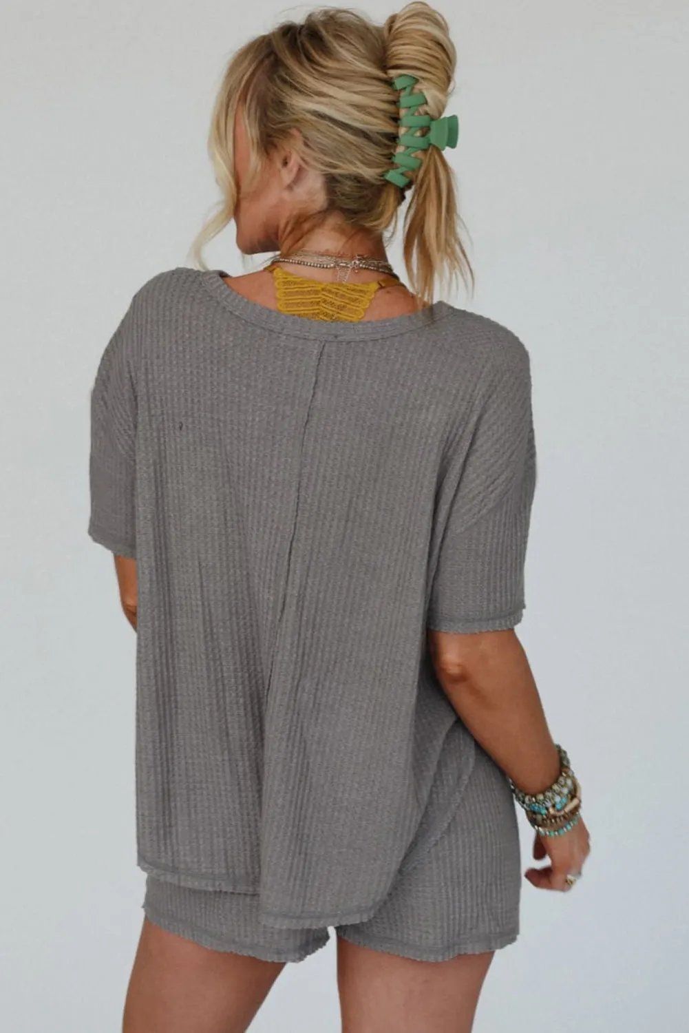 Gray Solid Color Waffle Knit T Shirt and Shorts Set sold by Beagle Boutique product image thumbnail 2