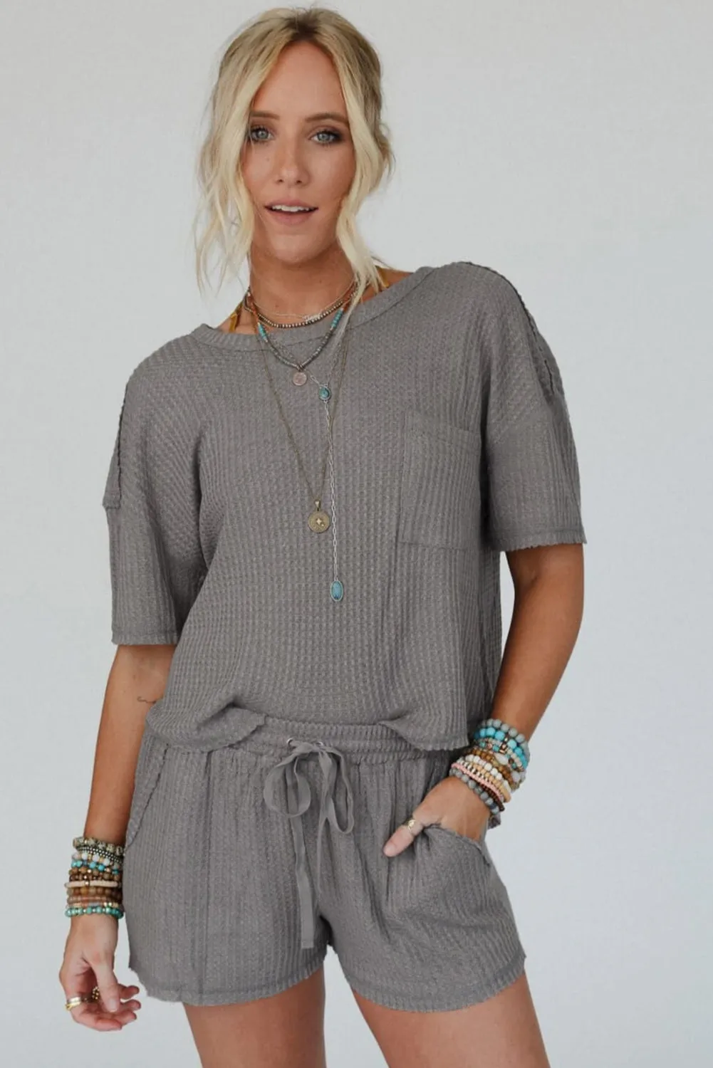 Gray Solid Color Waffle Knit T Shirt and Shorts Set sold by Beagle Boutique product image thumbnail 3