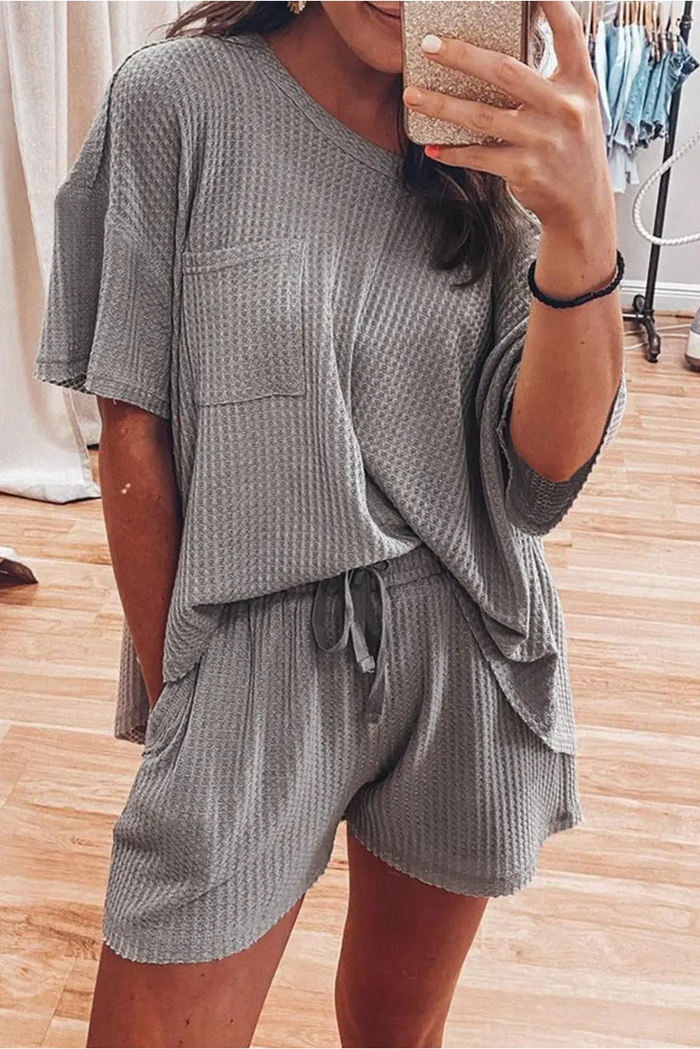 Gray Solid Color Waffle Knit T Shirt and Shorts Set sold by Beagle Boutique
