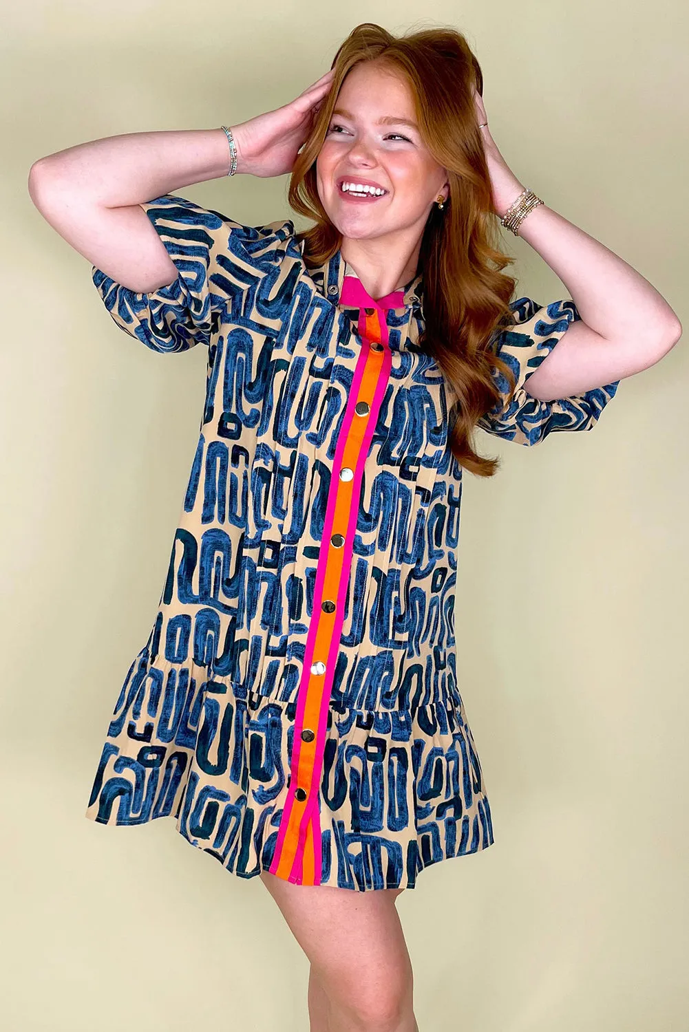 Beige Abstract Print Bubble Sleeve Button up Mini Dress sold by Beagle Boutique product image thumbnail 3