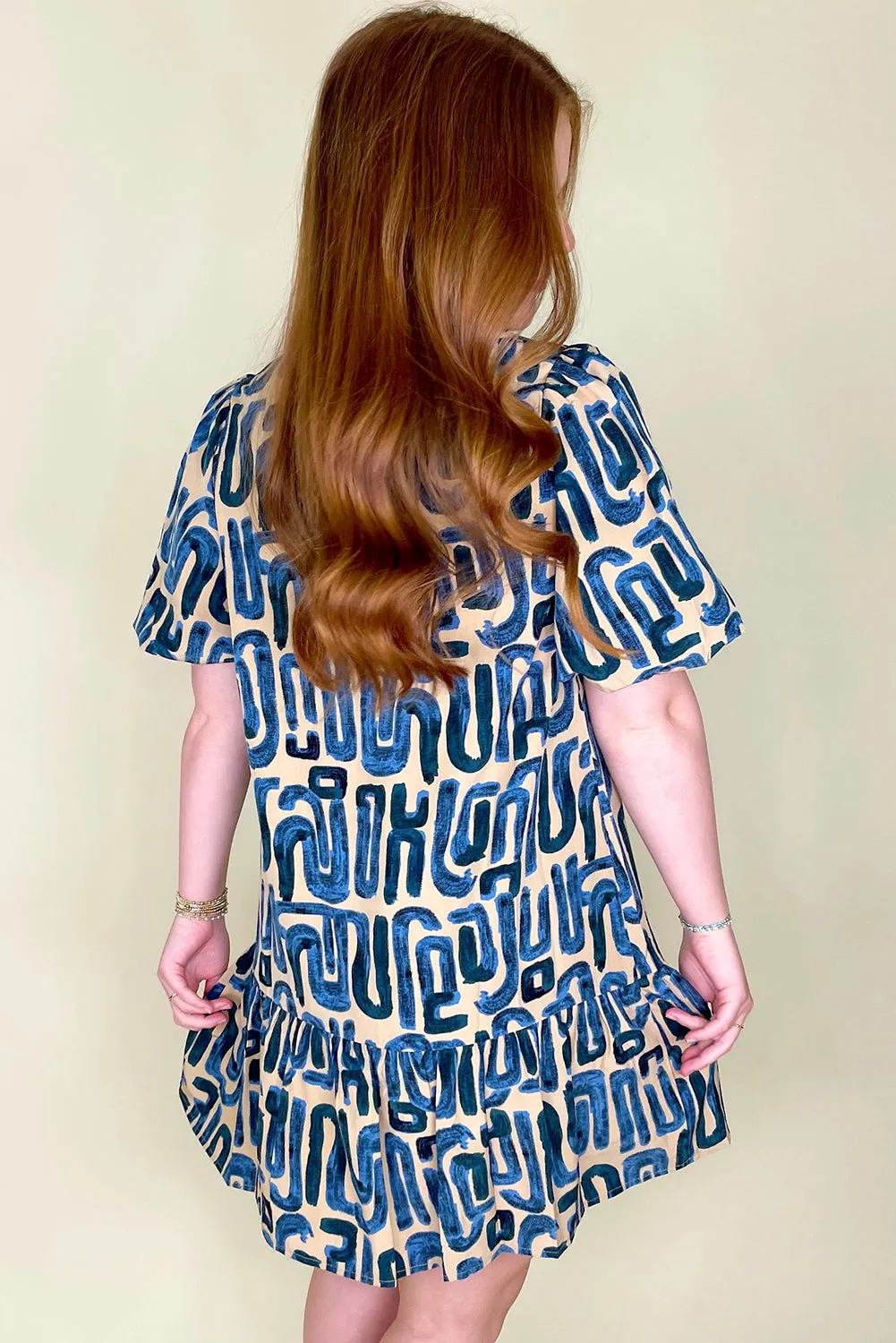 Beige Abstract Print Bubble Sleeve Button up Mini Dress sold by Beagle Boutique product image thumbnail 2