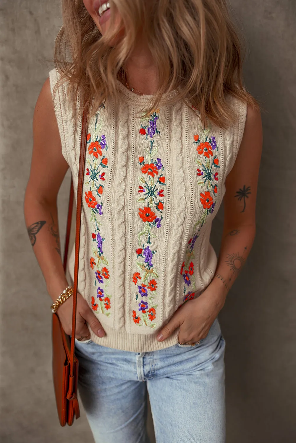 Jet Stream Embroidered Floral Cable Knit Sweater Vest sold by Beagle Boutique