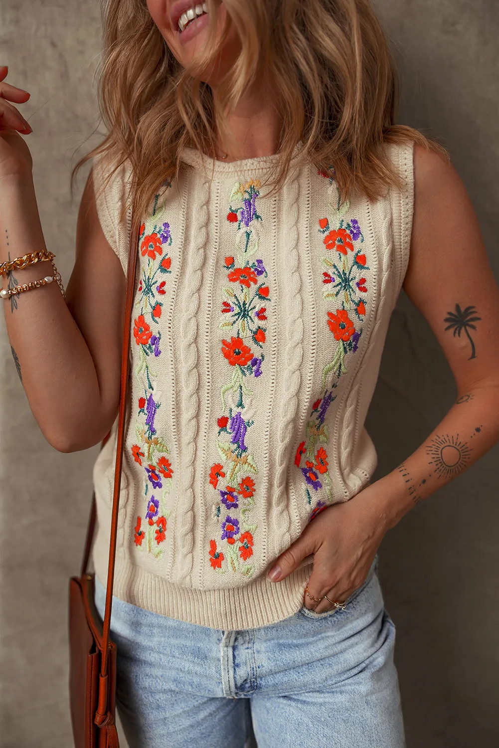 Jet Stream Embroidered Floral Cable Knit Sweater Vest sold by Beagle Boutique product image thumbnail 3