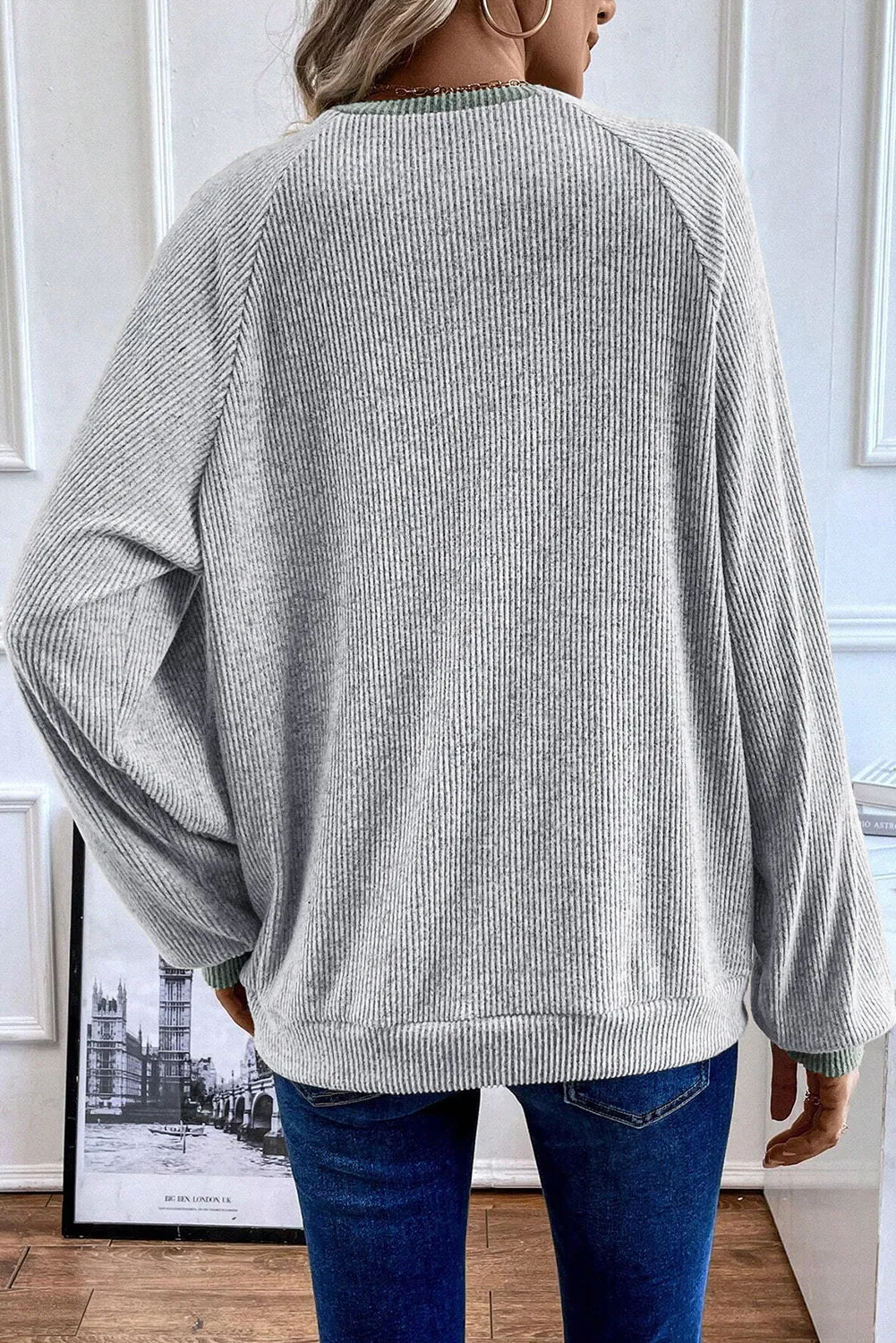 Light Grey Colour Contrast Ribbed Loose Fit Long Sleeve Top sold by Beagle Boutique product image thumbnail 2