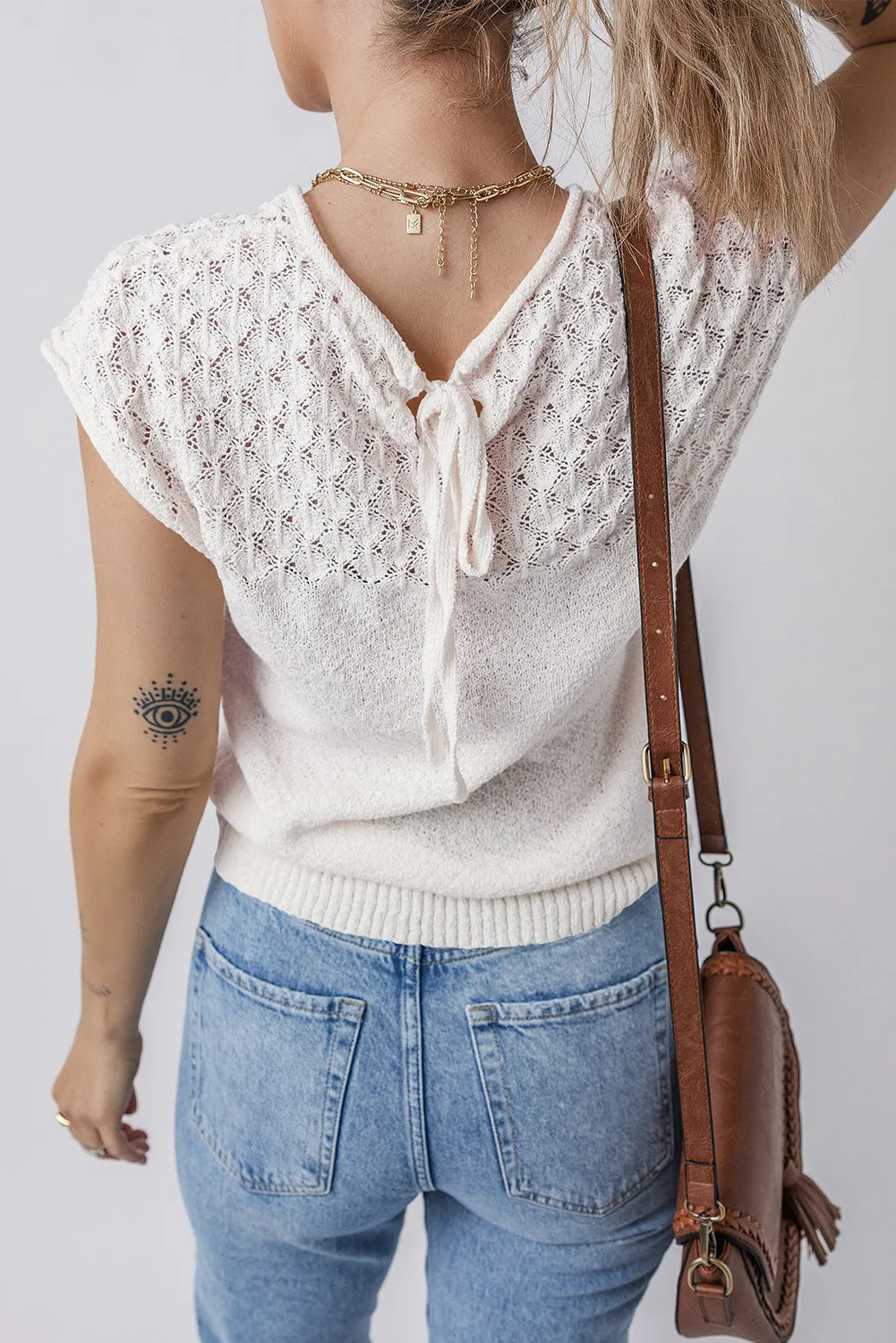 White Eyelet Knit Tied Back Short Sleeve Sweater sold by Beagle Boutique product image thumbnail 2