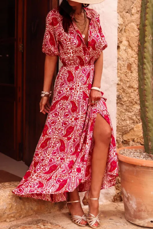Red Paisley Print Side Slit Puff Sleeve High Waist Maxi Dress sold by Beagle Boutique