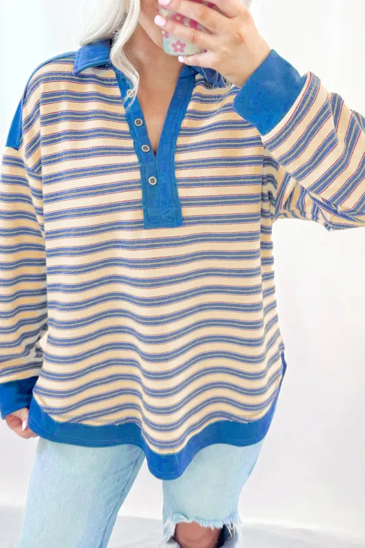 Blue Stripe Buttoned V Neck Collared Drop Shoulder Top sold by Beagle Boutique