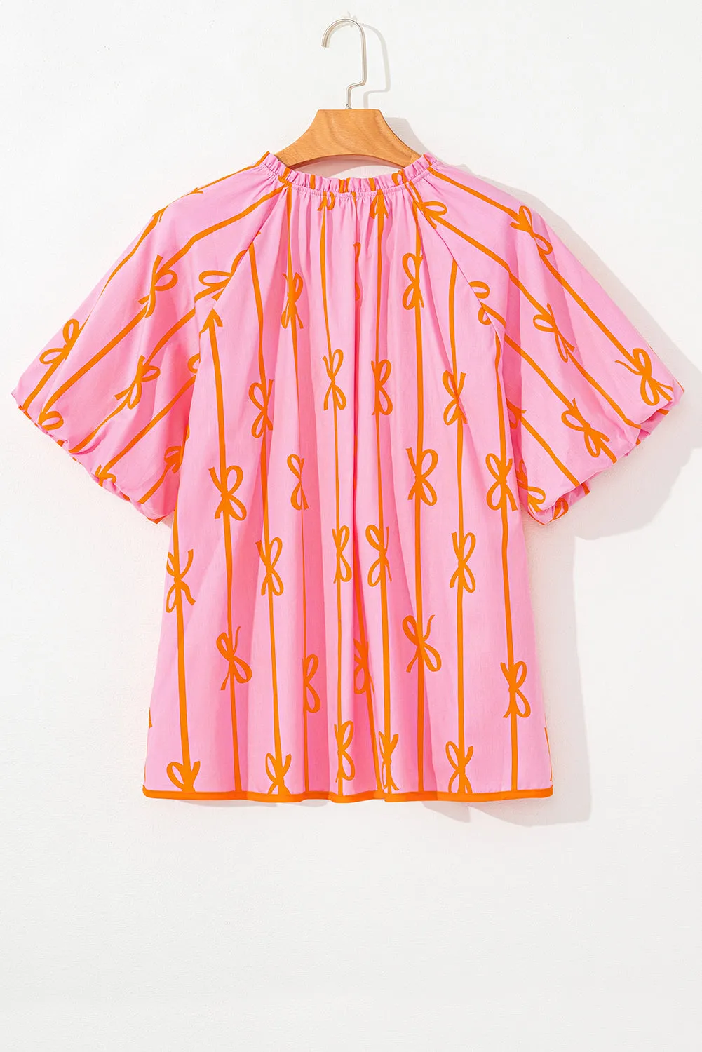 Rose Bowknot Print Shirred V Neck Puff Sleeve Plus Size Blouse sold by Beagle Boutique product image thumbnail 2