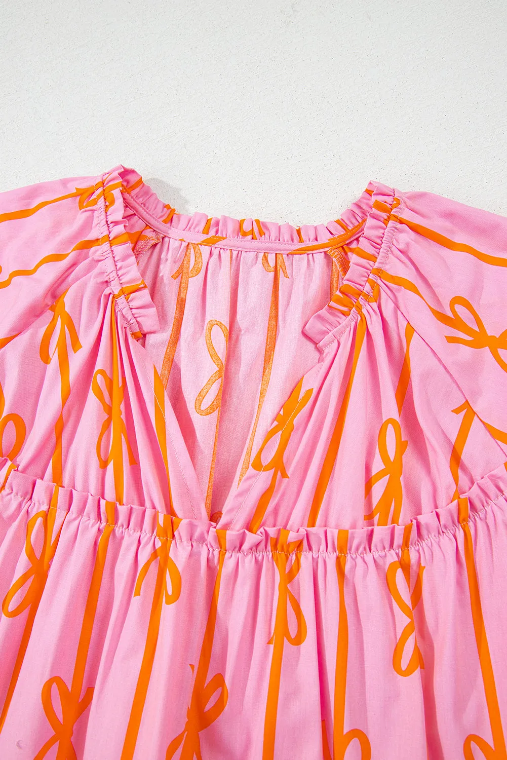 Rose Bowknot Print Shirred V Neck Puff Sleeve Plus Size Blouse sold by Beagle Boutique product image thumbnail 3