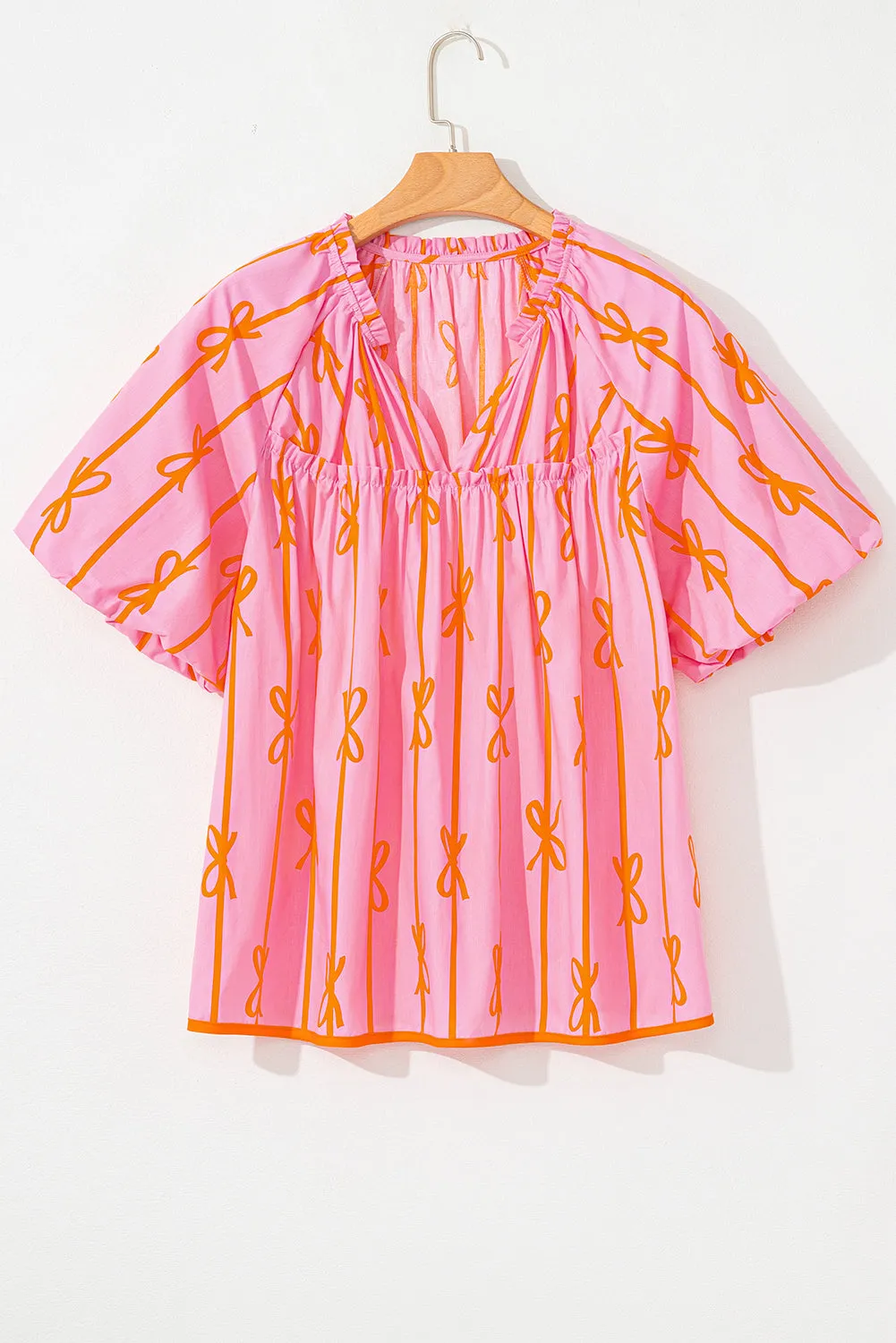 Rose Bowknot Print Shirred V Neck Puff Sleeve Plus Size Blouse sold by Beagle Boutique