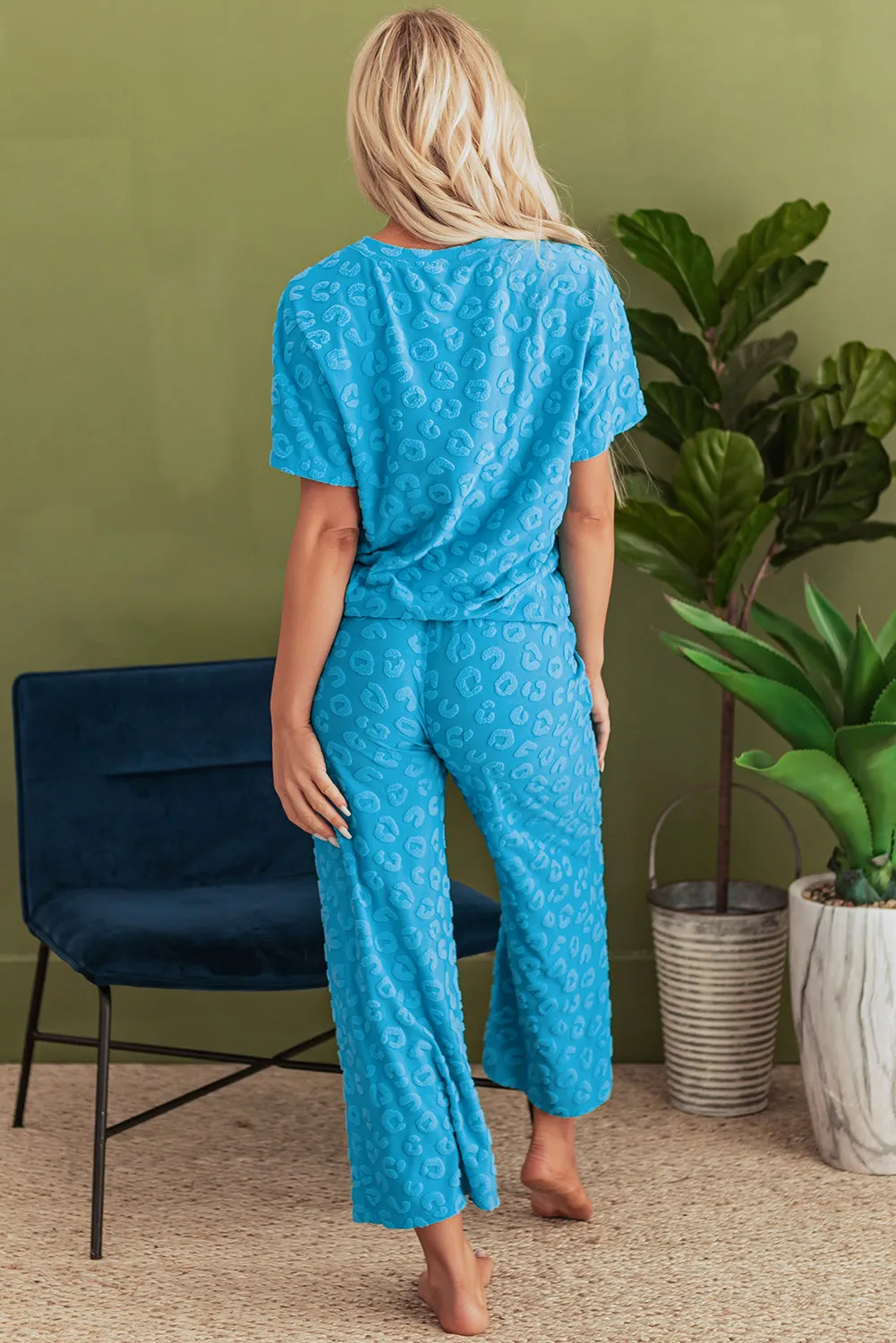 Blue Leopard Jacquard Short Sleeve Top and Wide Leg Trousers Set sold by Beagle Boutique product image thumbnail 5