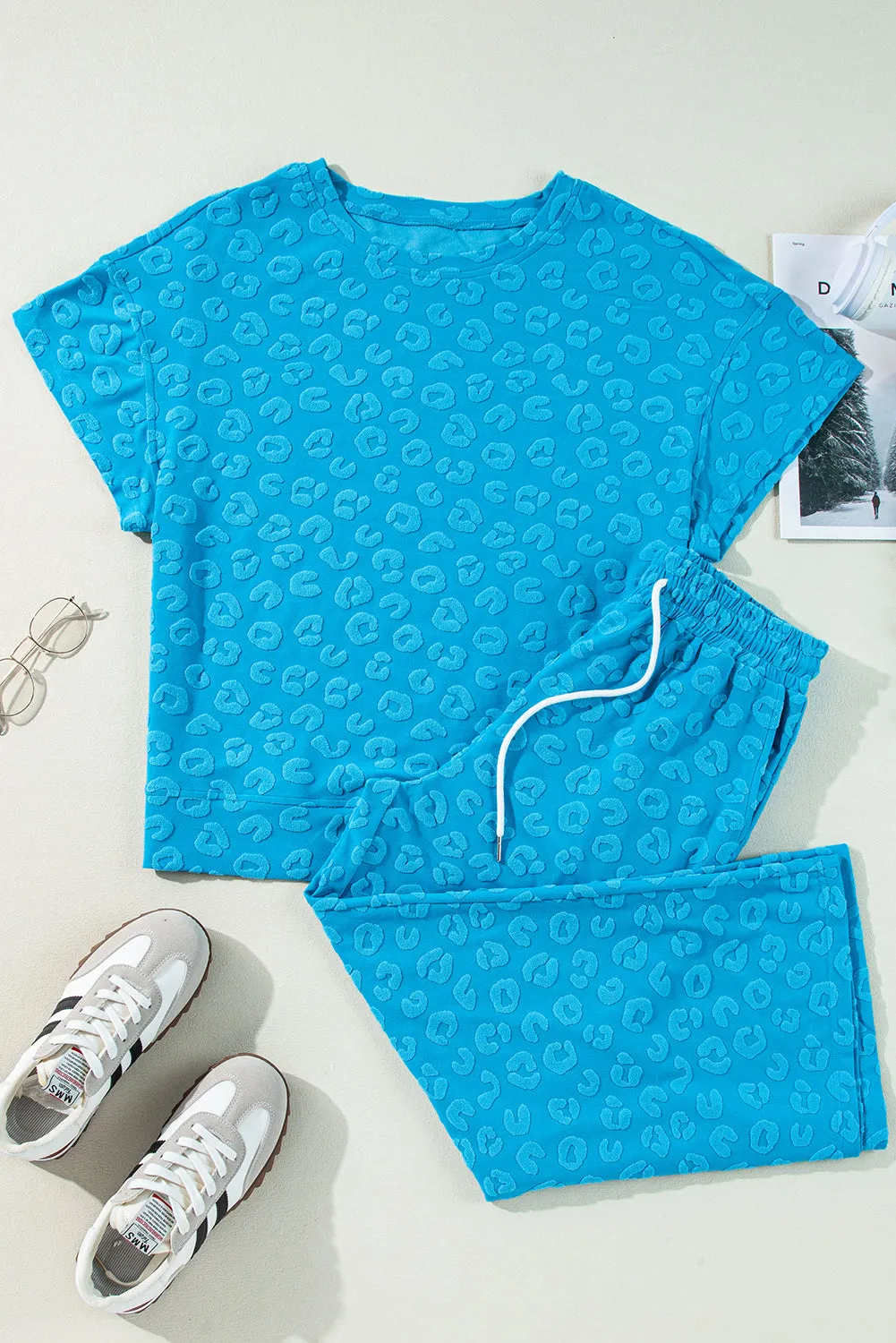 Blue Leopard Jacquard Short Sleeve Top and Wide Leg Trousers Set sold by Beagle Boutique product image thumbnail 3