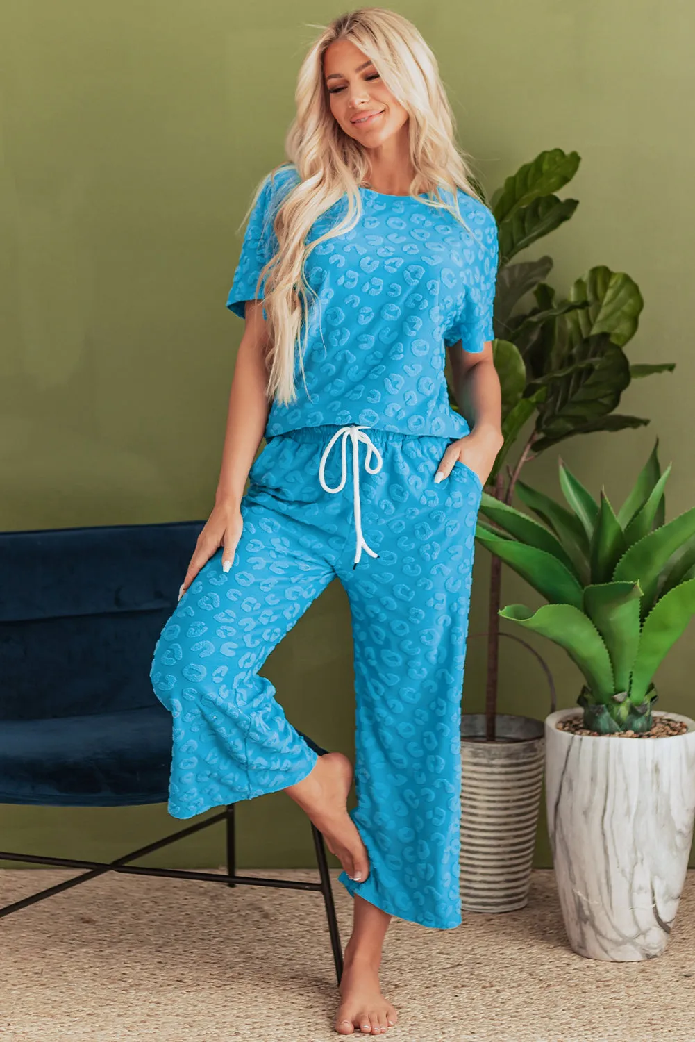 Blue Leopard Jacquard Short Sleeve Top and Wide Leg Trousers Set sold by Beagle Boutique product image thumbnail 4