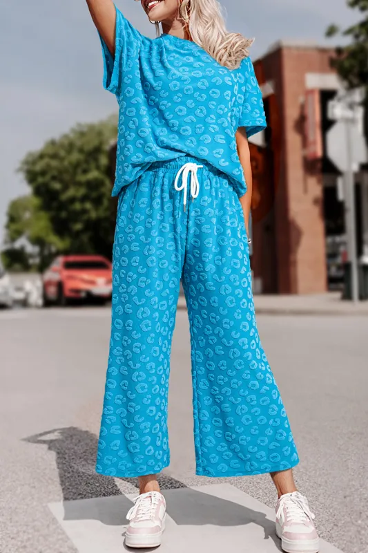 Blue Leopard Jacquard Short Sleeve Top and Wide Leg Trousers Set sold by Beagle Boutique