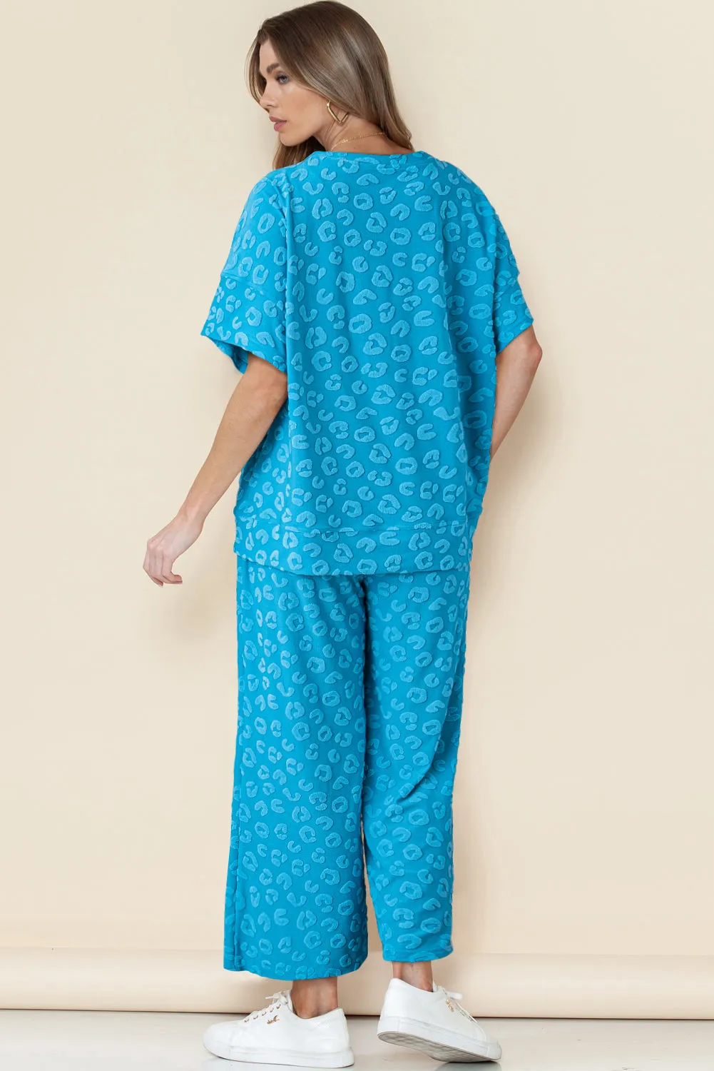 Blue Leopard Jacquard Short Sleeve Top and Wide Leg Trousers Set sold by Beagle Boutique product image thumbnail 2