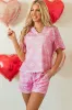 Pink Waffle Knit Bowknot Printed V Neck T Shirt and Shorts Set sold by Beagle Boutique