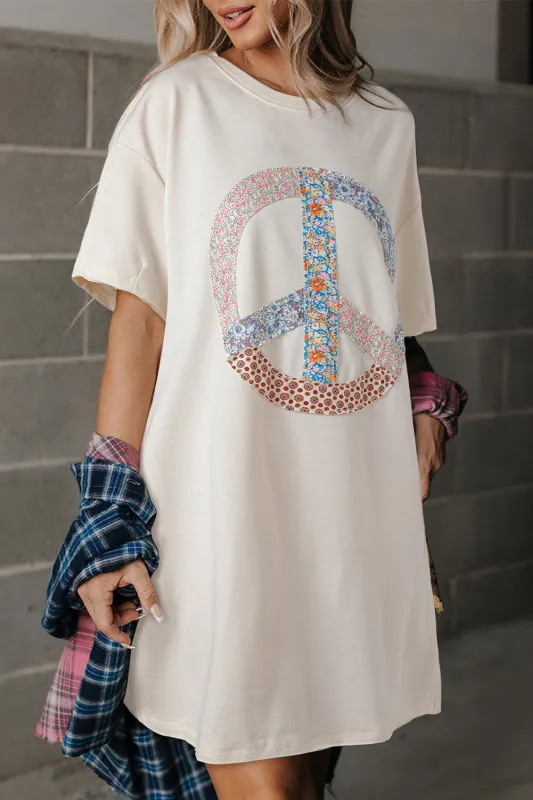 White Floral Peace Sign Graphic T Shirt Dress sold by Beagle Boutique