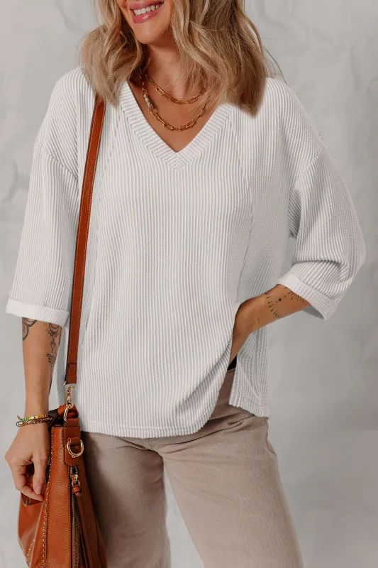 White Solid Color Corded Drop Shoulder 3/4 Sleeve V Neck Top sold by Beagle Boutique