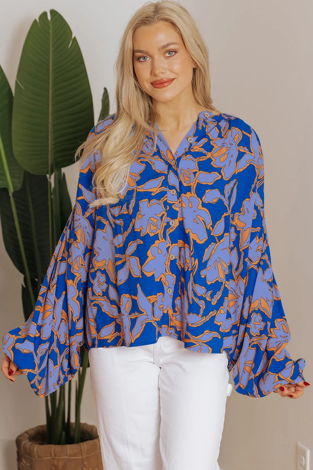 Blue Floral Print Batwing Sleeve Buttoned Loose Fit Shirt sold by Beagle Boutique product image thumbnail 4