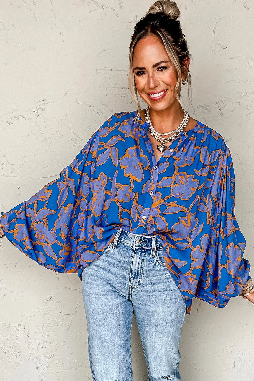 Blue Floral Print Batwing Sleeve Buttoned Loose Fit Shirt sold by Beagle Boutique product image thumbnail 3