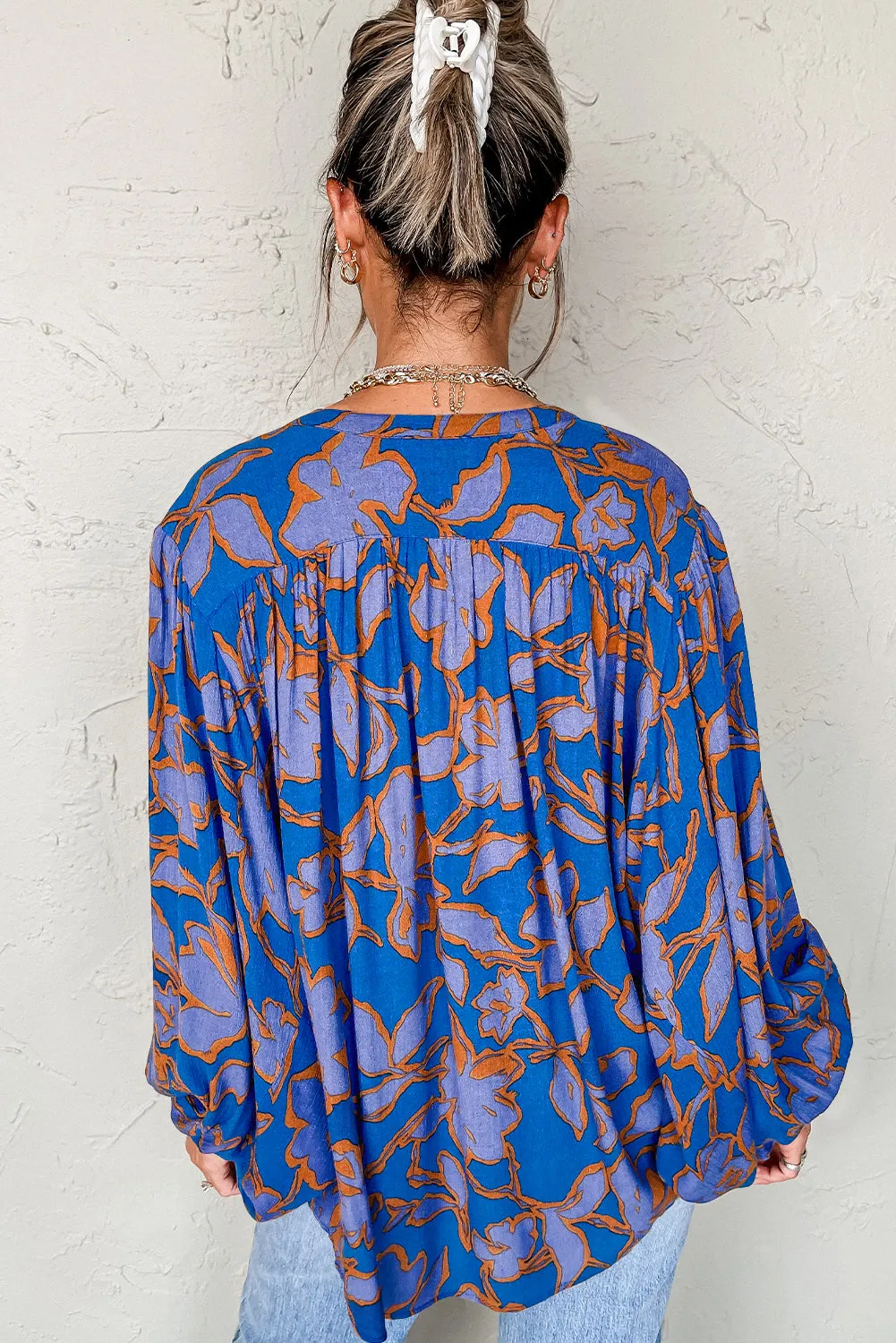 Blue Floral Print Batwing Sleeve Buttoned Loose Fit Shirt sold by Beagle Boutique product image thumbnail 2